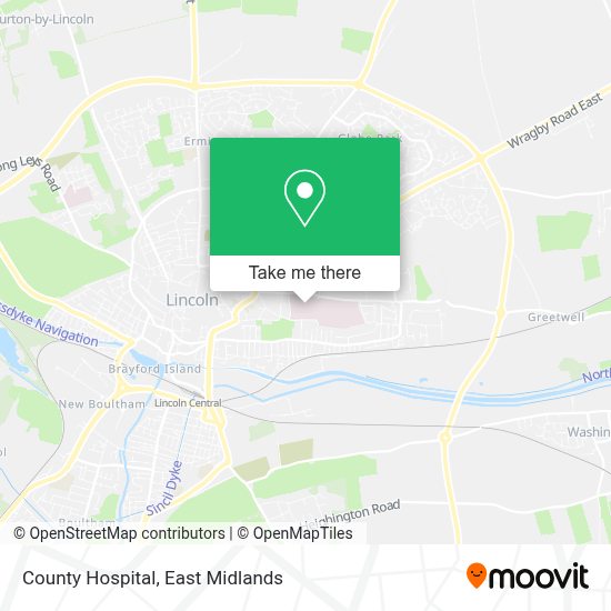 How to get to County Hospital in Lincoln by bus or train?