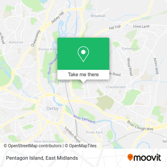 How to get to Pentagon Island in Derby by bus or train?