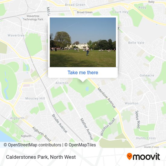 How to get to Calderstones Park in Liverpool by bus or train?
