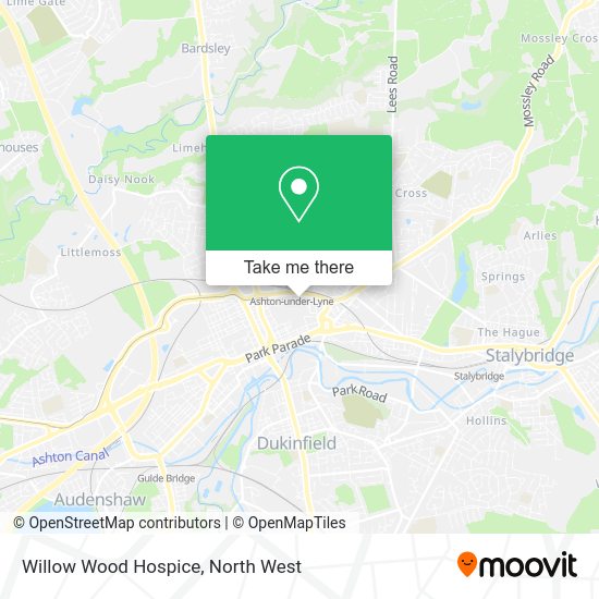 How to get to Willow Wood Hospice in Ashton Under Lyne by bus, train or