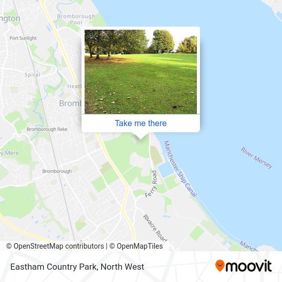 How to get to Eastham Country Park in Bromborough by bus or train?