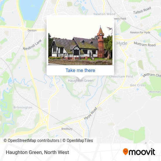 How to get to Haughton Green in Denton by bus or train?