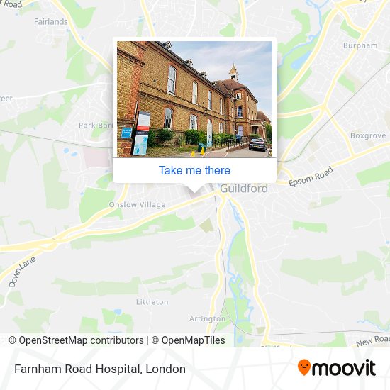 How to get to Farnham Road Hospital in Guildford by train or bus?