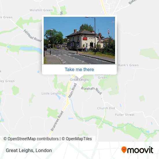 How to get to Great Leighs in Chelmsford by bus or train?