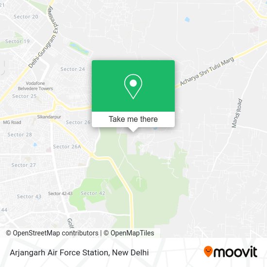 How to get to Arjangarh Air Force Station in Delhi by metro or bus?