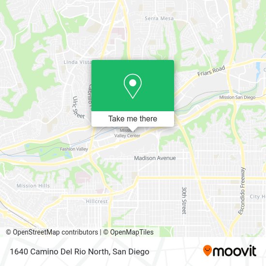 How to get to 1640 Camino Del Rio North in San Diego by bus or cable car?