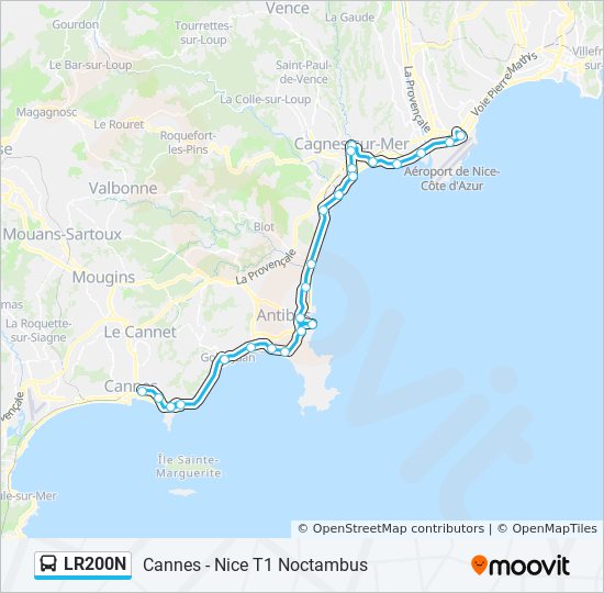 lr200n Itinéraire Horaires, Arrêts & Plan Cannes Nice T1 Noctambus