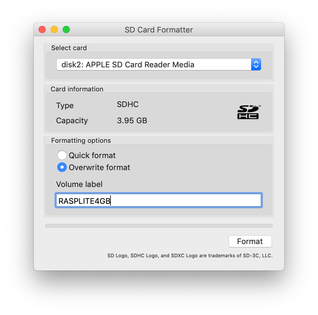 Format an SD card for Raspberry Pi using the SD Card Formatter