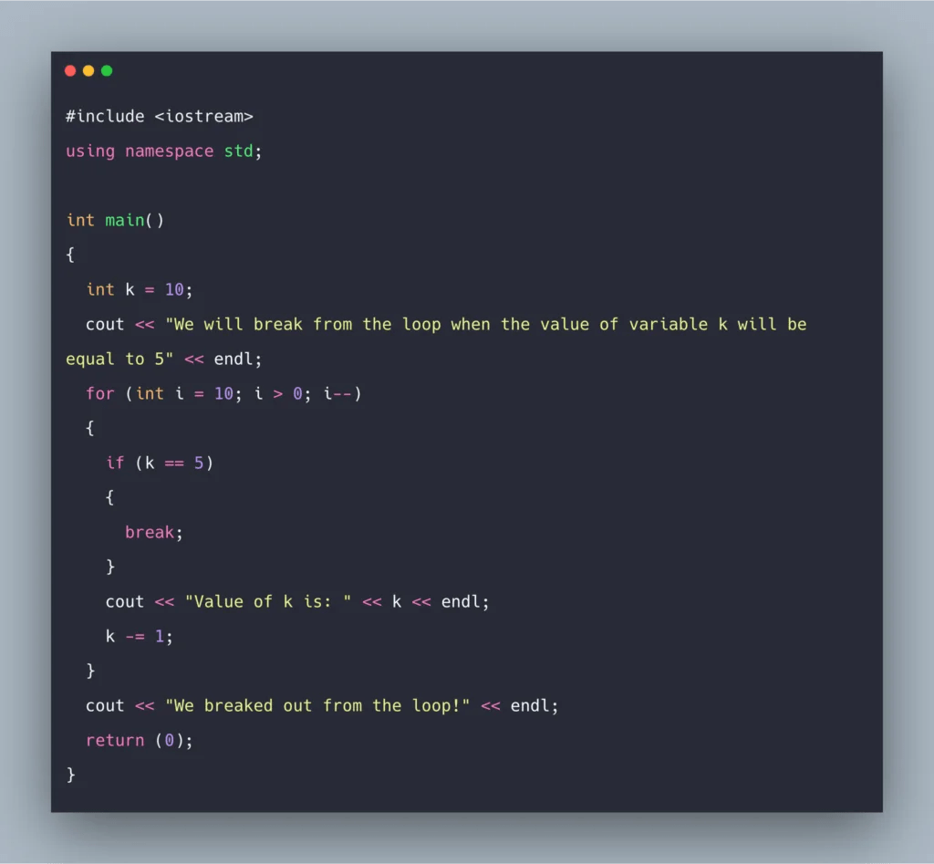 Break Statement in C++ Example C++ Break Statement Program
