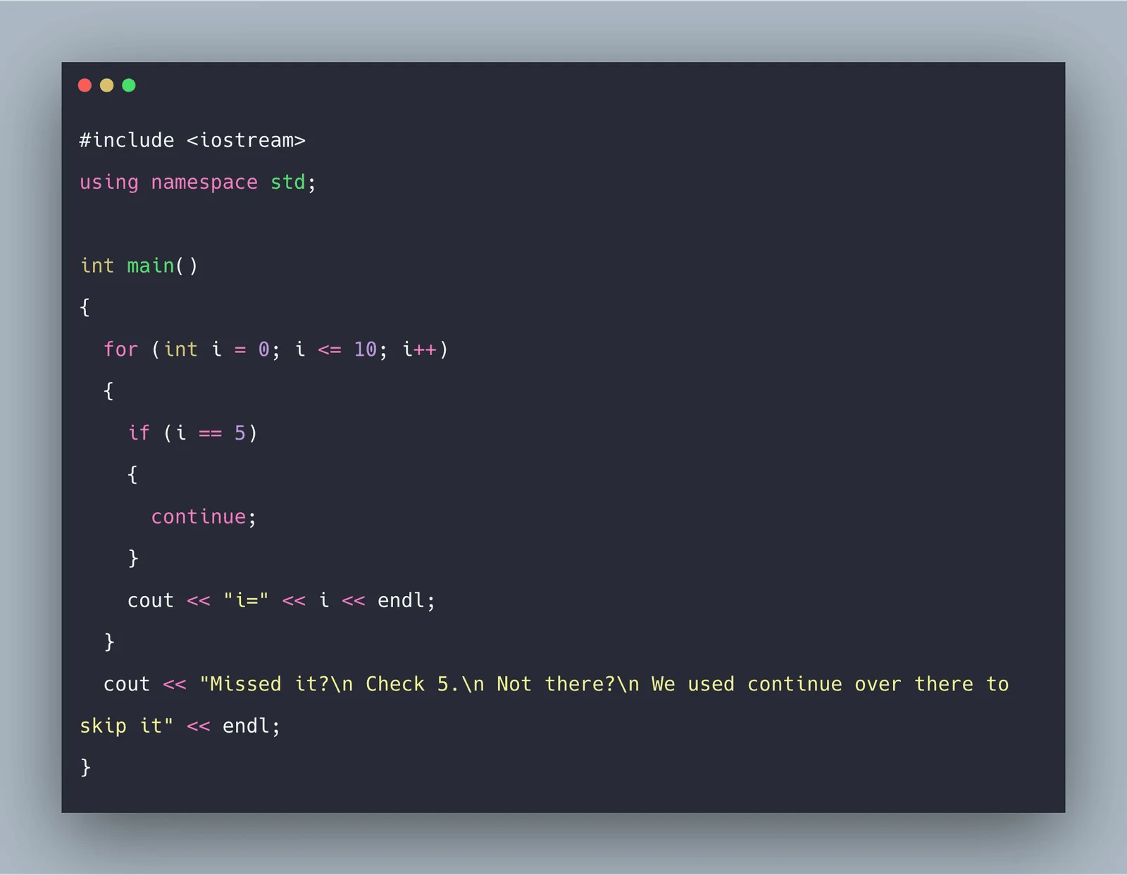 Continue Statement in C++ Example C++ Continue Statement Program