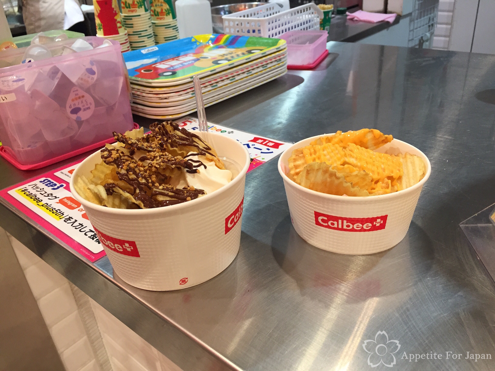 Calbee Plus freshly fried potato chips with chocolate and softserve