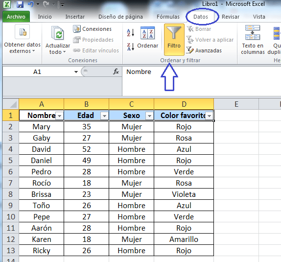Filtro en Excel.