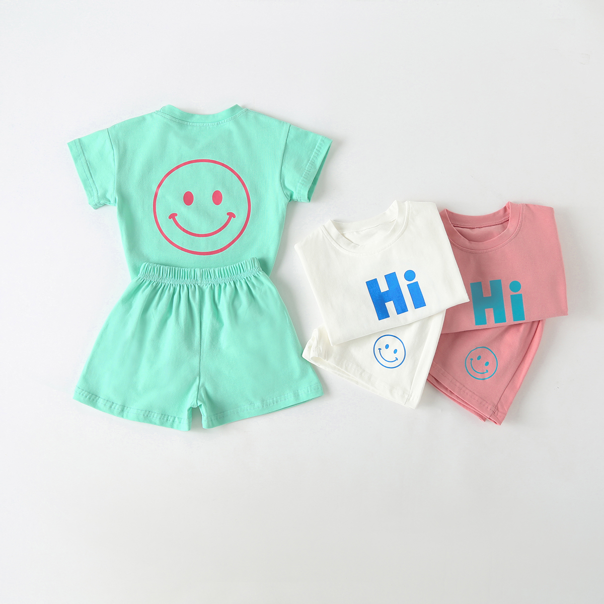 Cheap Baby Onesies Baby Smiley & Slogan Print Tops Combo Shorts Korean Style Sets Wholesale