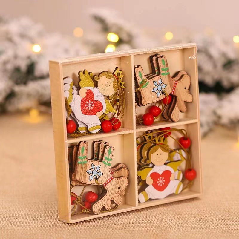Cheap Christmas Decorations Sale Christmas Cartoon Wooden Pendant Decoration Tree Jewelry 1Box