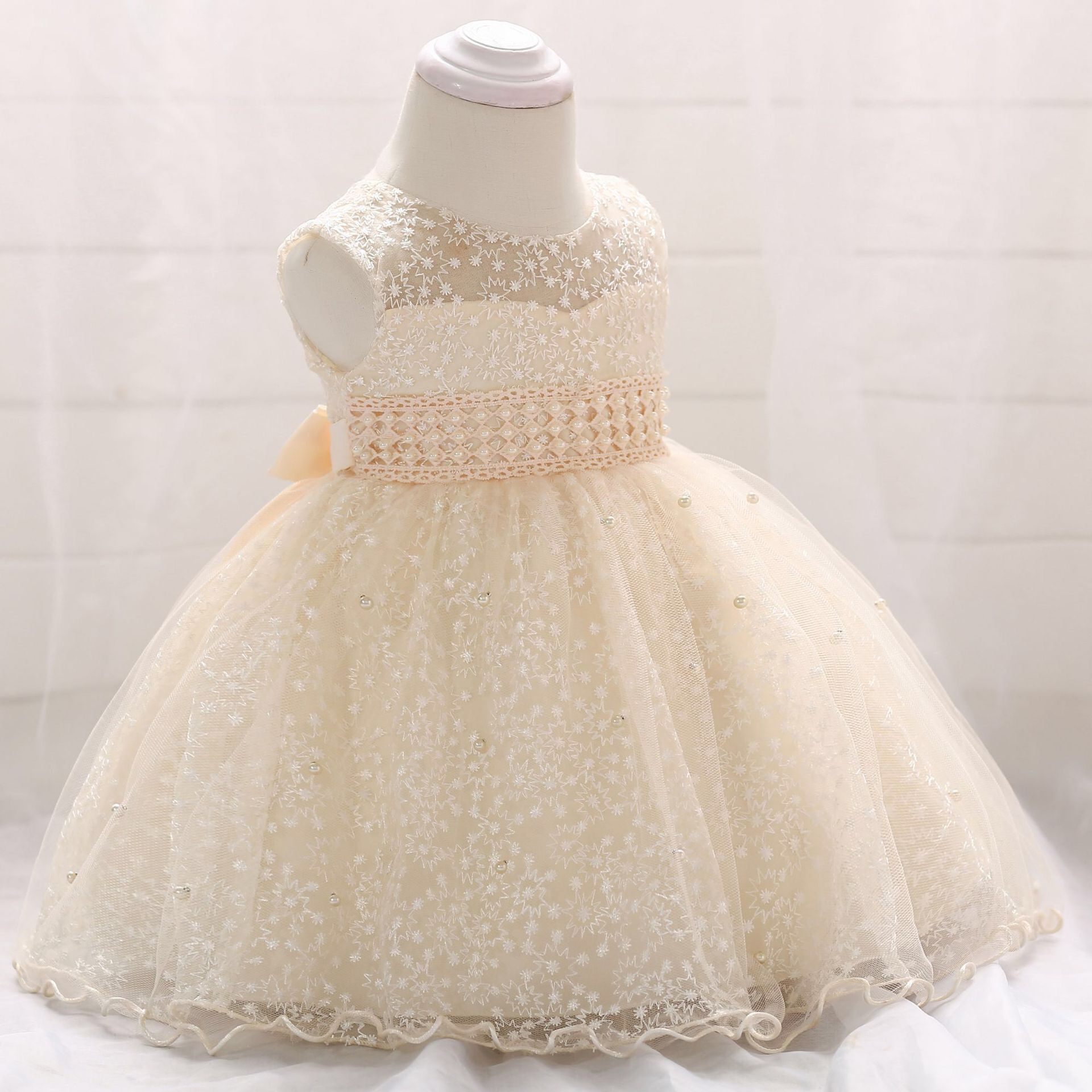 Infant Christening Gown Baby Girl Floral Mesh Overlay Lace Design