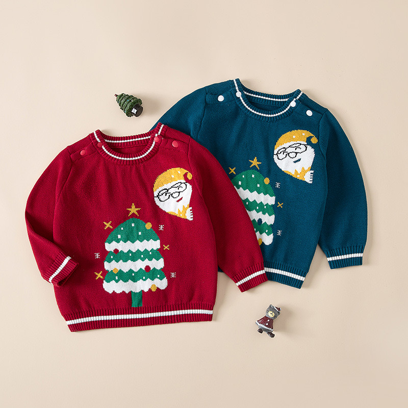 Baby Christmas Sweater Baby Santas & Christmas Tree Graphic Shoulder Button Design Pullover