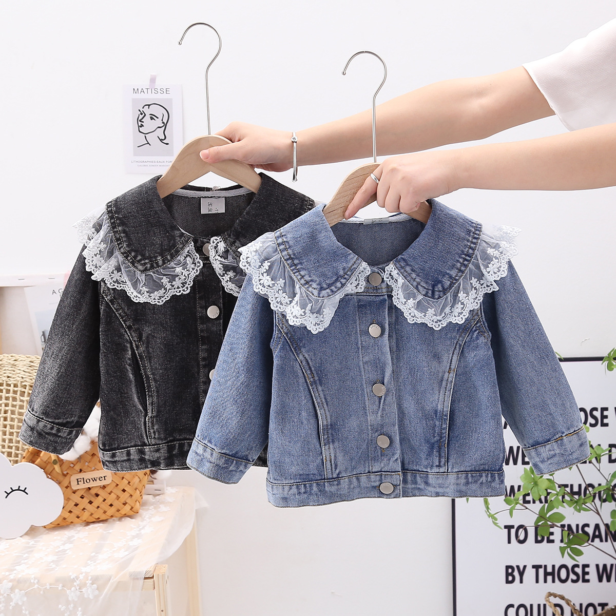 Good Quality Denim Coat Baby Girl Lace Mesh Patches Doll Neck Button