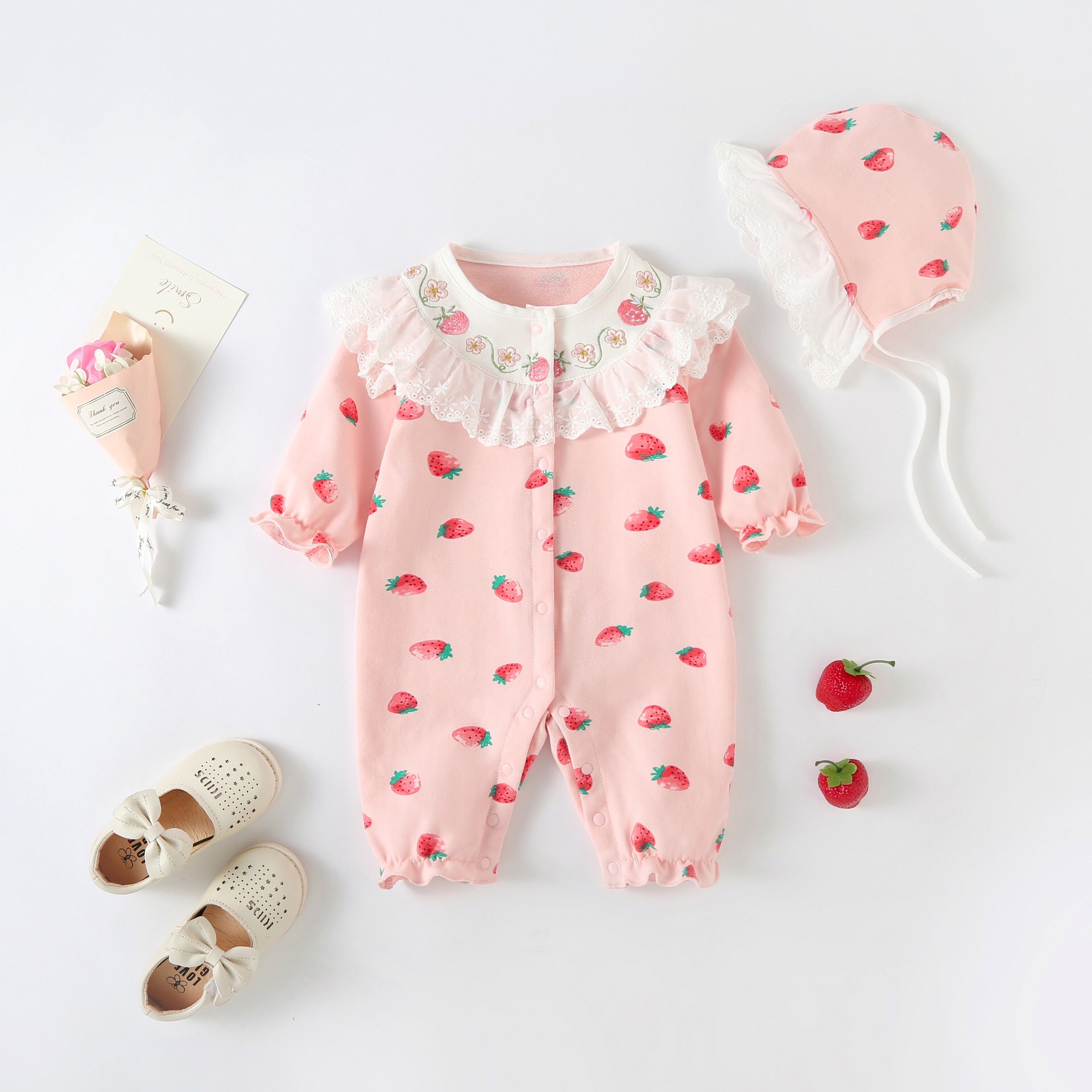 Cute Romper Near Me Baby Girl All Over Strawberry Print Pattern Mesh