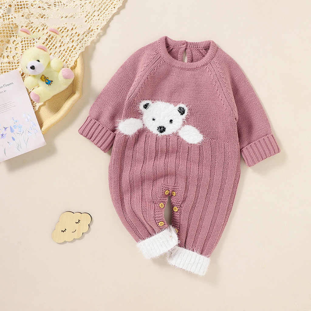 Lovely Knit Romper Wholesale Baby Bear Jacquard Design Long Sleeve Cute