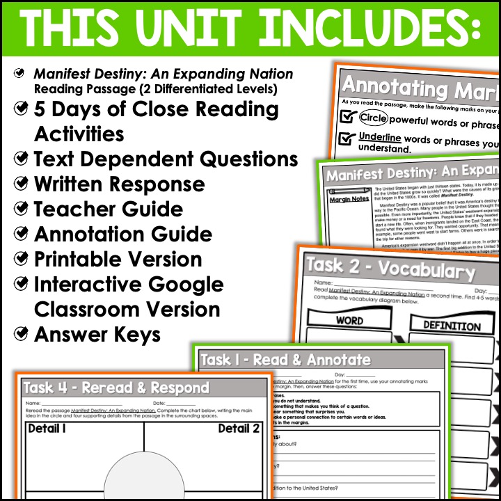 Manifest Destiny Reading Passage and Worksheets Appletastic Learning