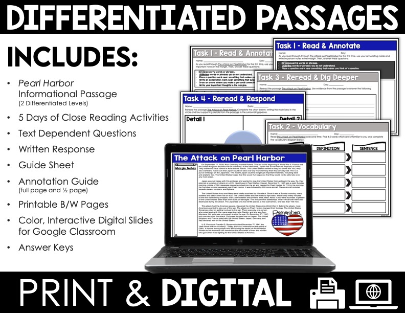 Pearl Harbor Reading Passage and Worksheets Appletastic Learning
