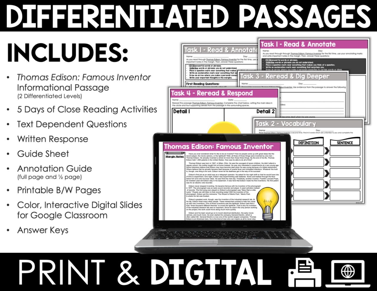 Thomas Edison Reading Comprehension Passage and Worksheets
