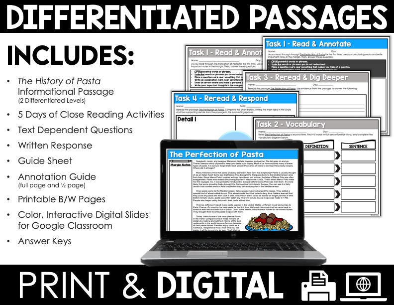 Pasta Reading Passage and Worksheets - Appletastic Learning