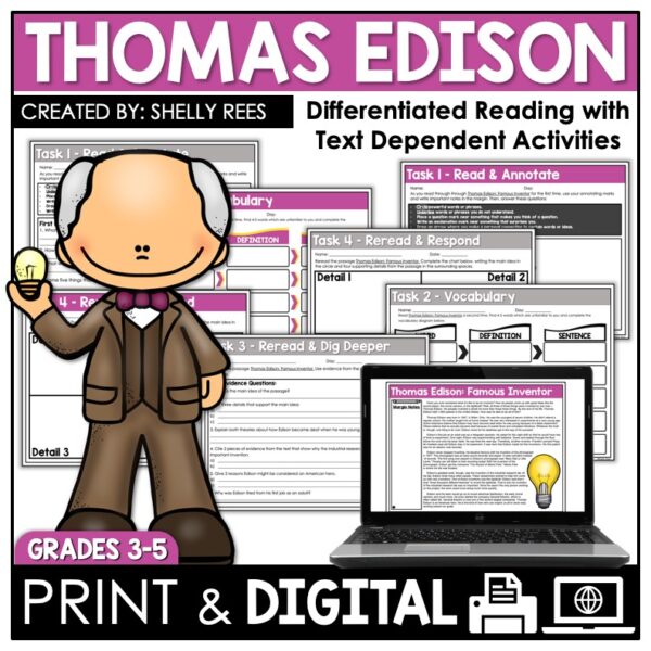 Thomas Edison Reading Comprehension Passage and Worksheets