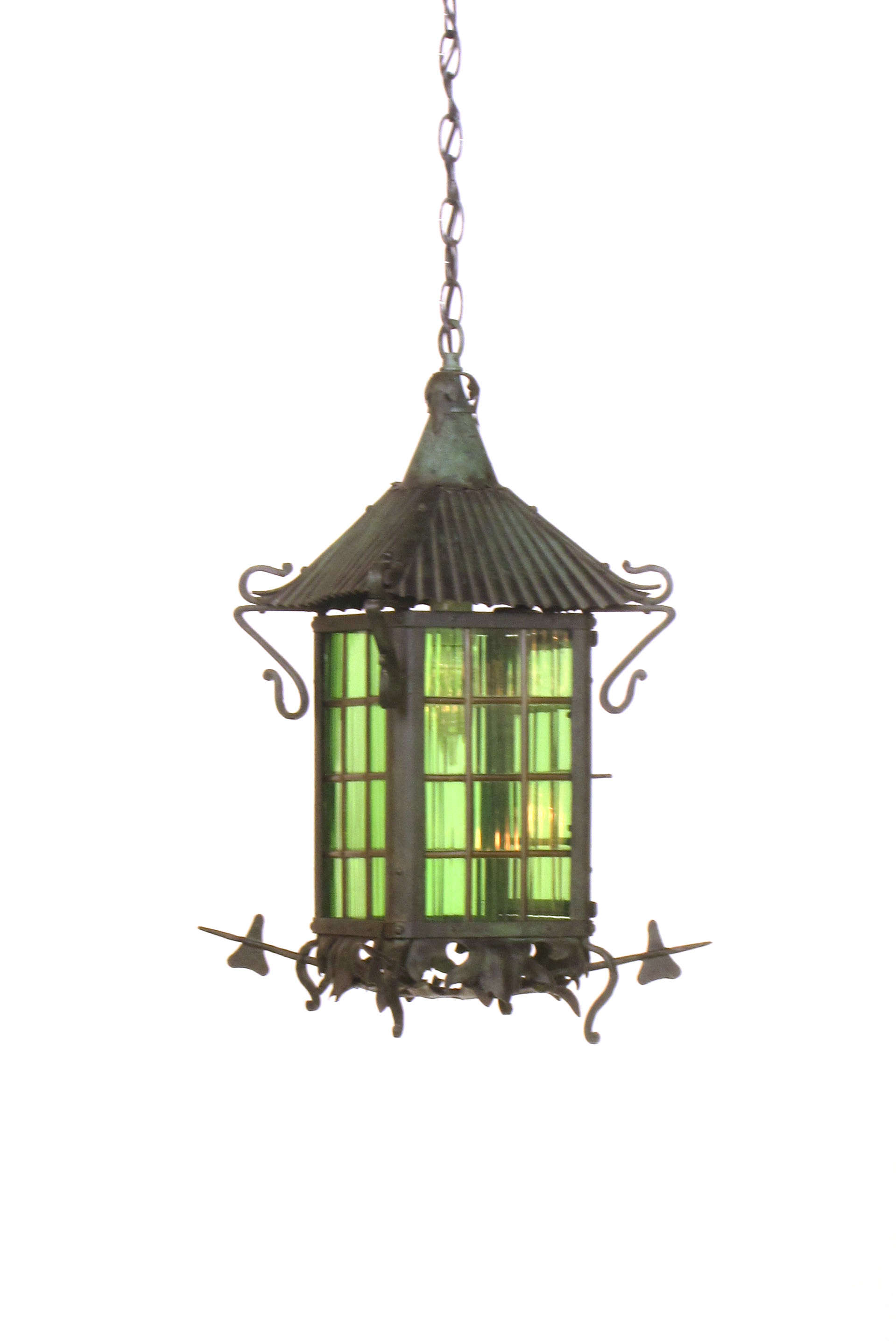 Arts and Crafts Lantern with Emerald Green Glass Appleton Antique