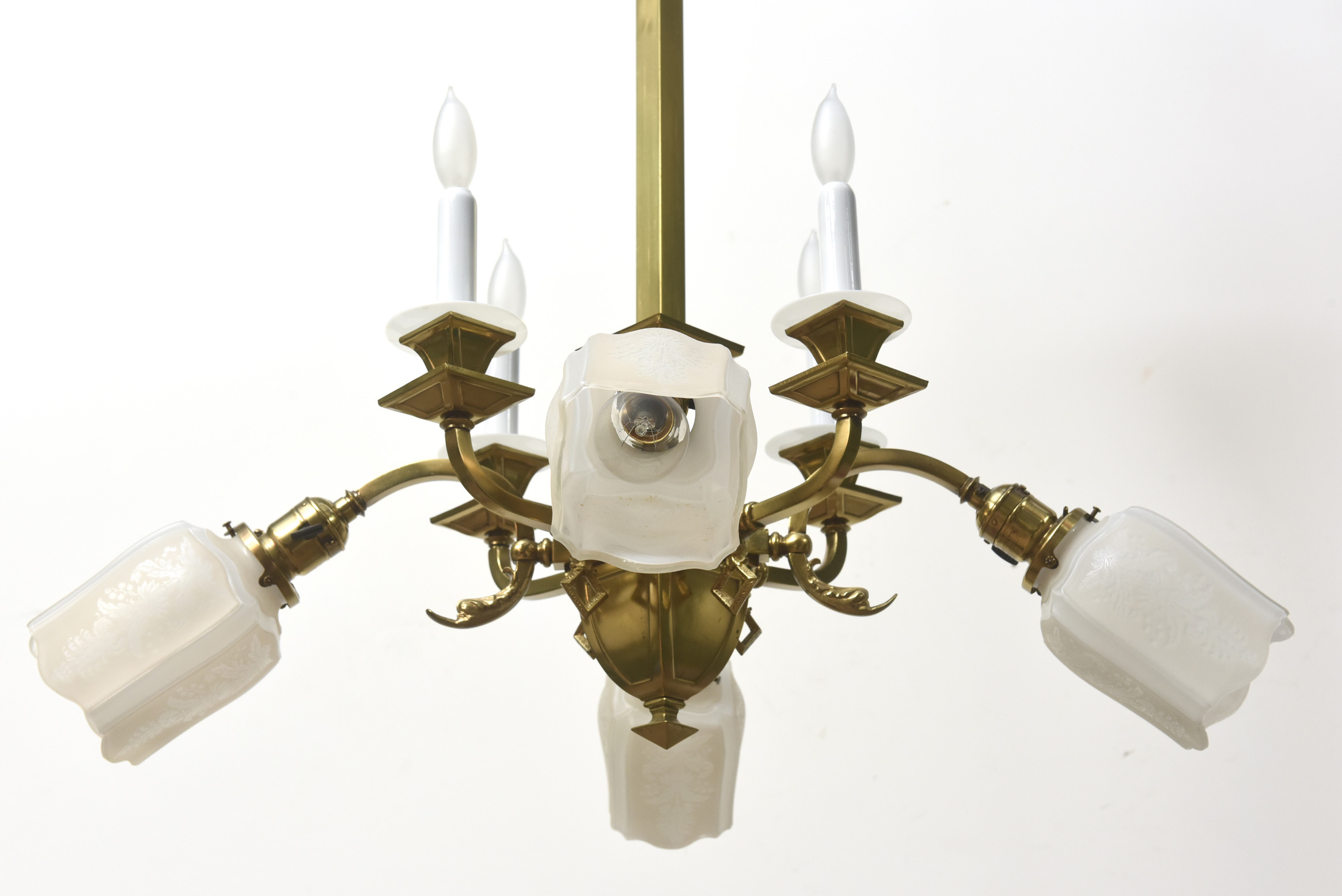Gas and Electric Chandelier with Original Glass Candlecovers and