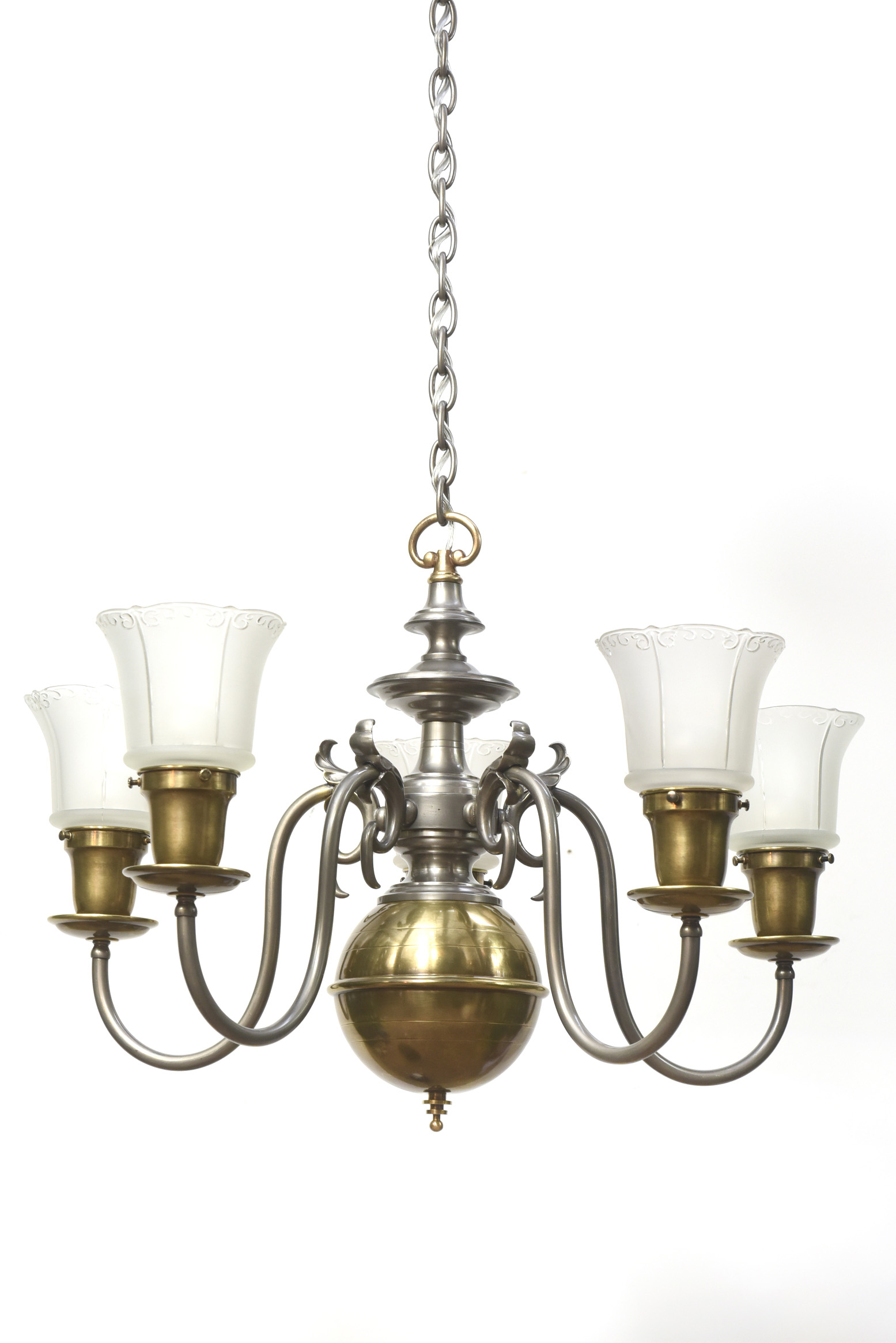Five Light Pewter and Brass Colonial Revival Chandelier Appleton