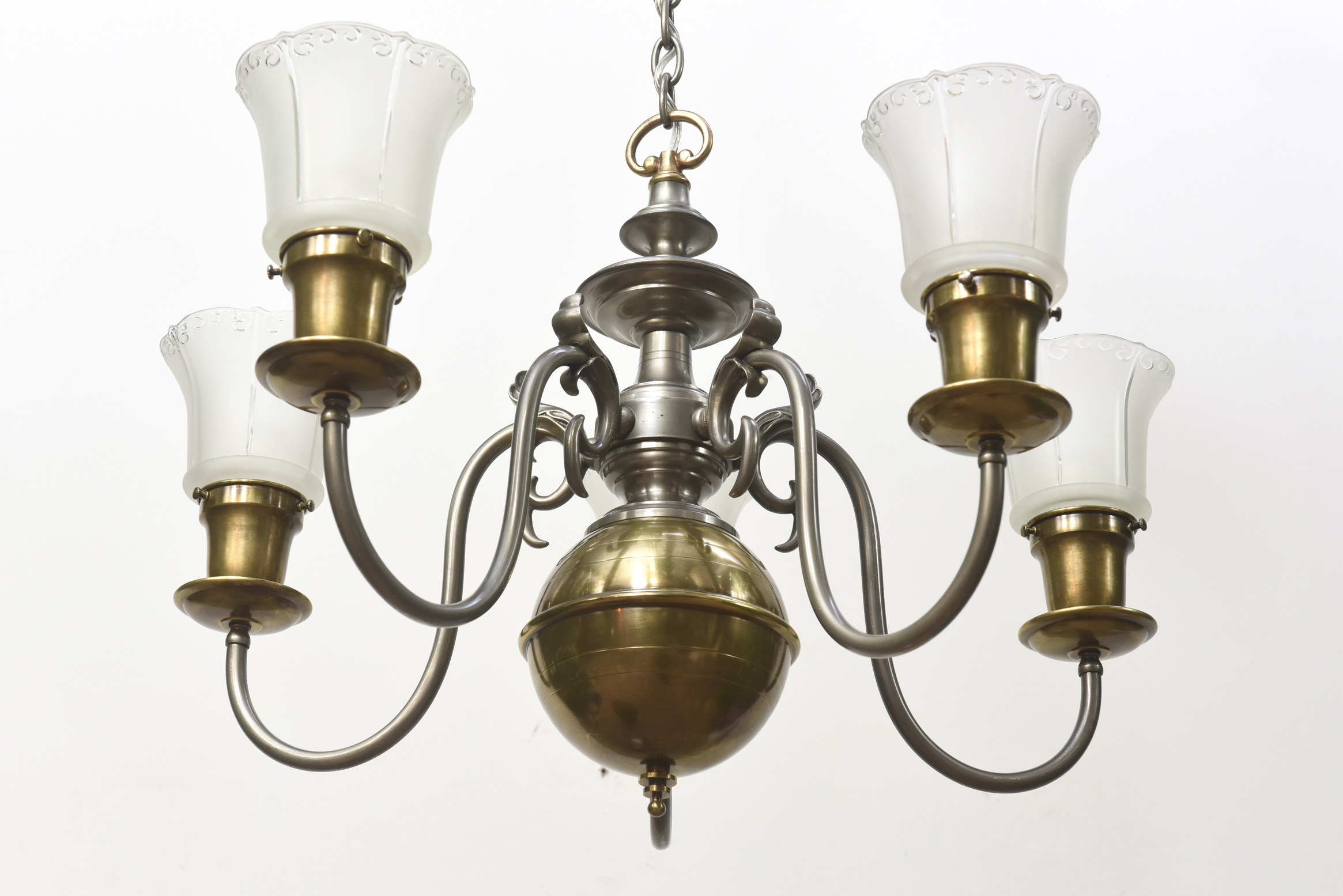 Five Light Pewter and Brass Colonial Revival Chandelier Appleton