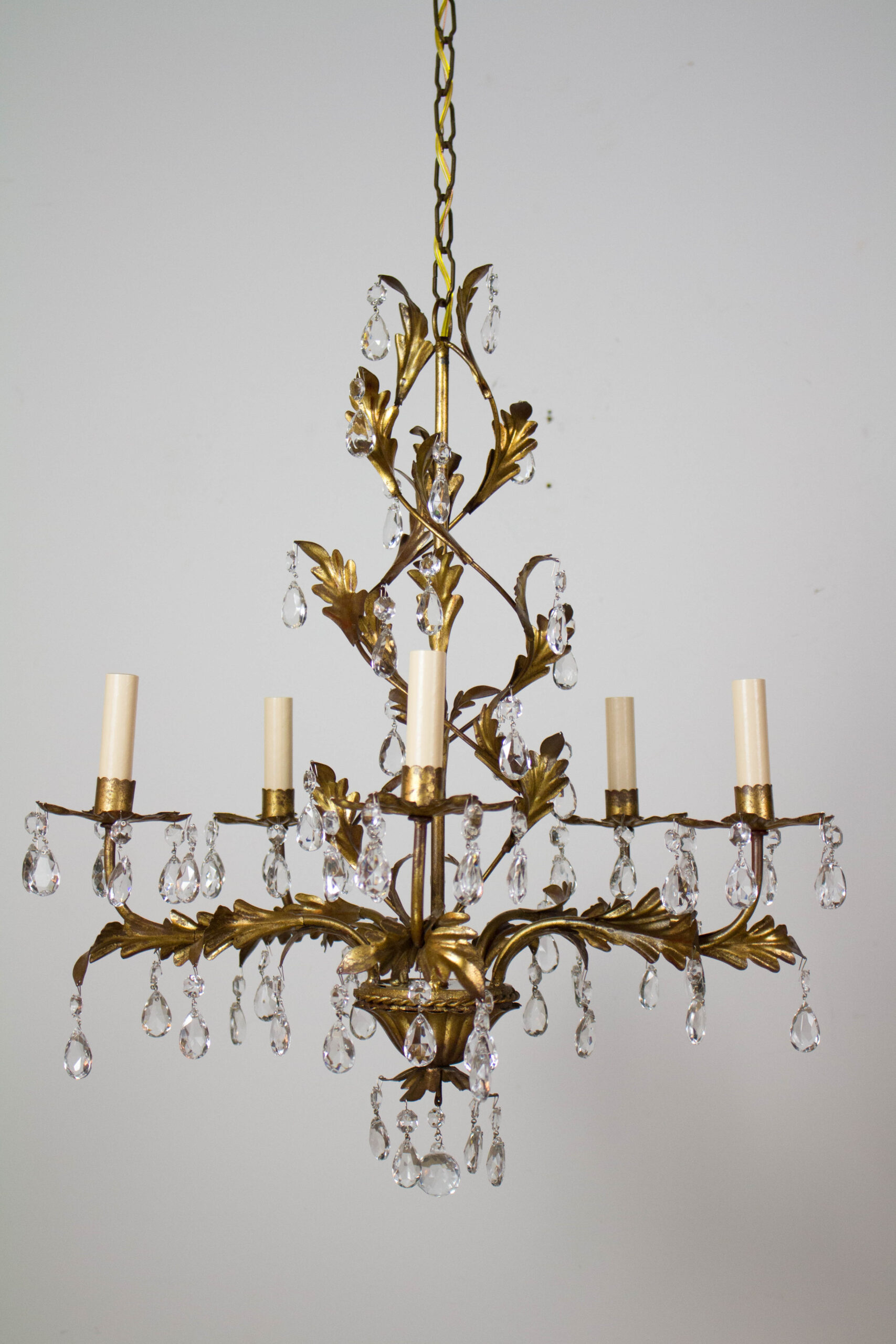Italian Five Light Gold Leaf Chandelier with Crystals Appleton