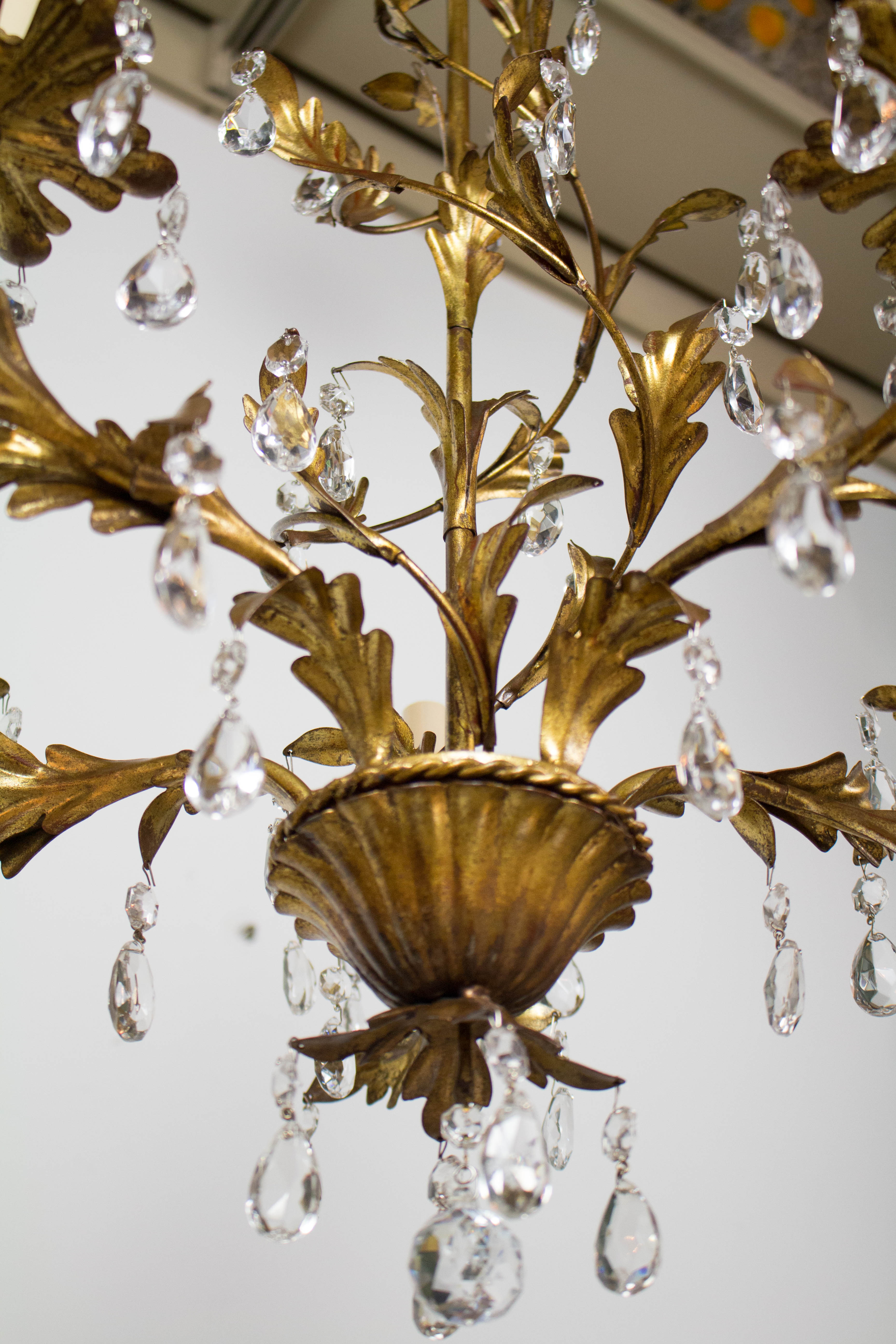 Italian Five Light Gold Leaf Chandelier with Crystals Appleton