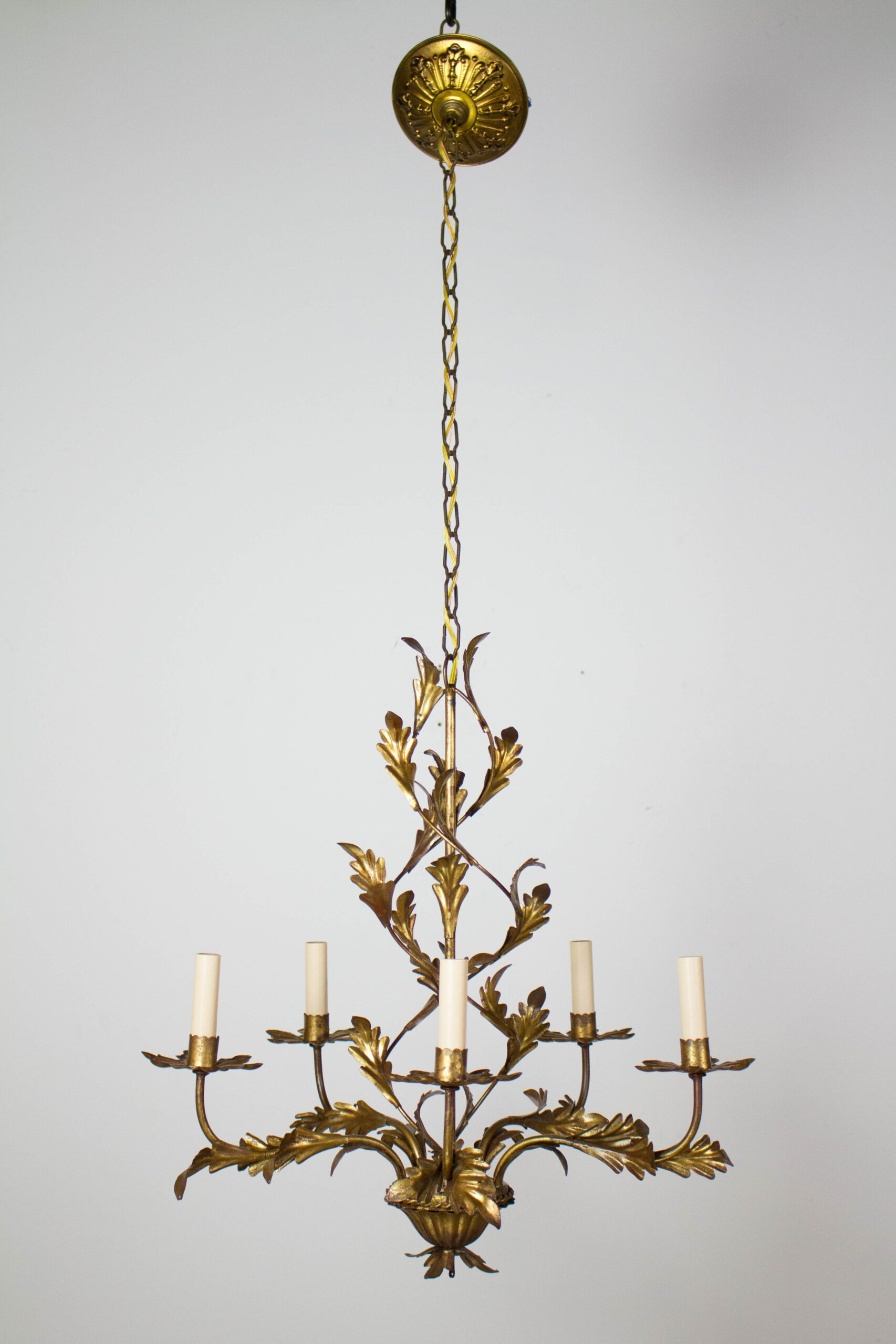 Italian Five Light Gold Leaf Chandelier with Crystals Appleton