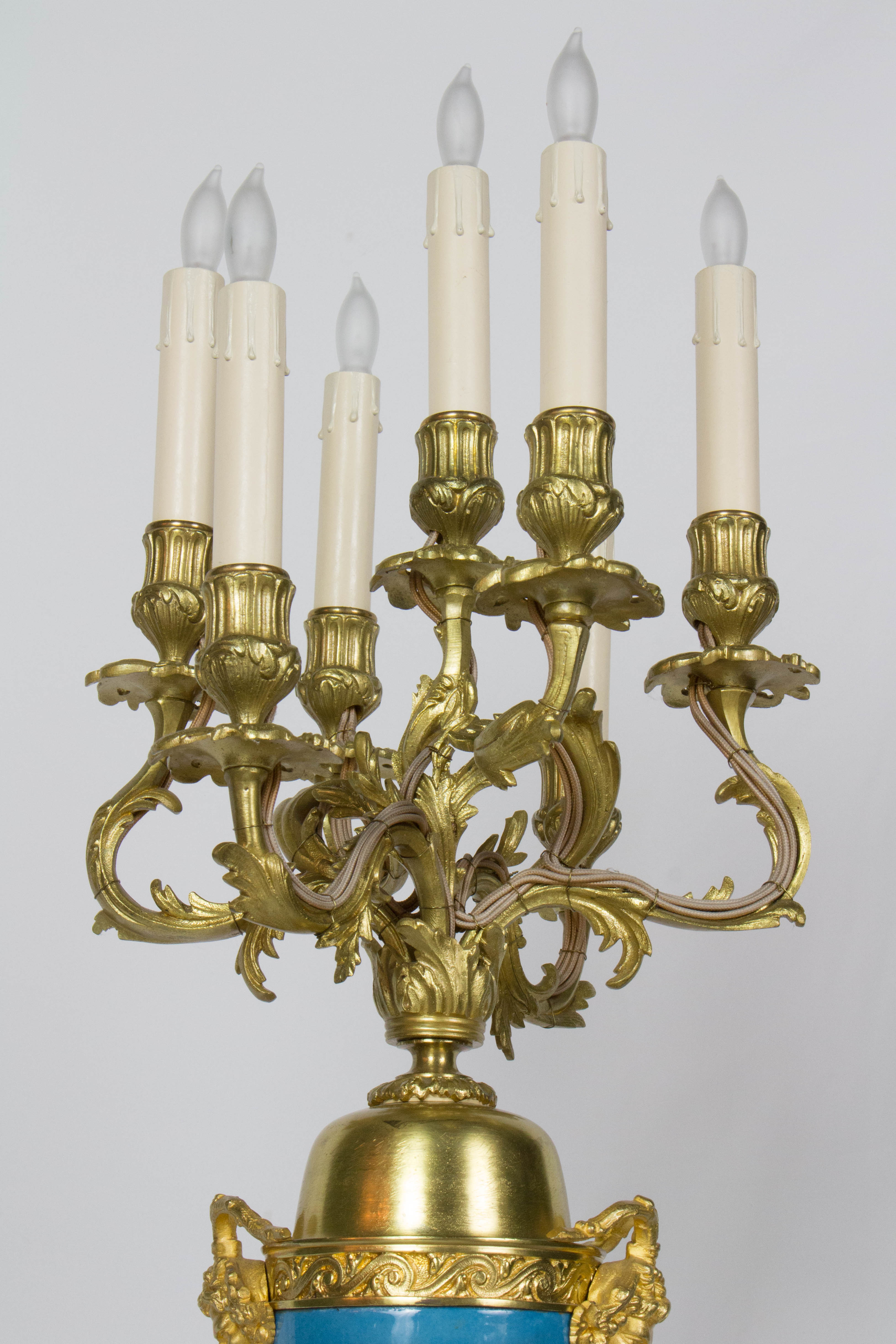 Large Urn Form French Gilt Bronze and Turquoise Porcelain Candelabra
