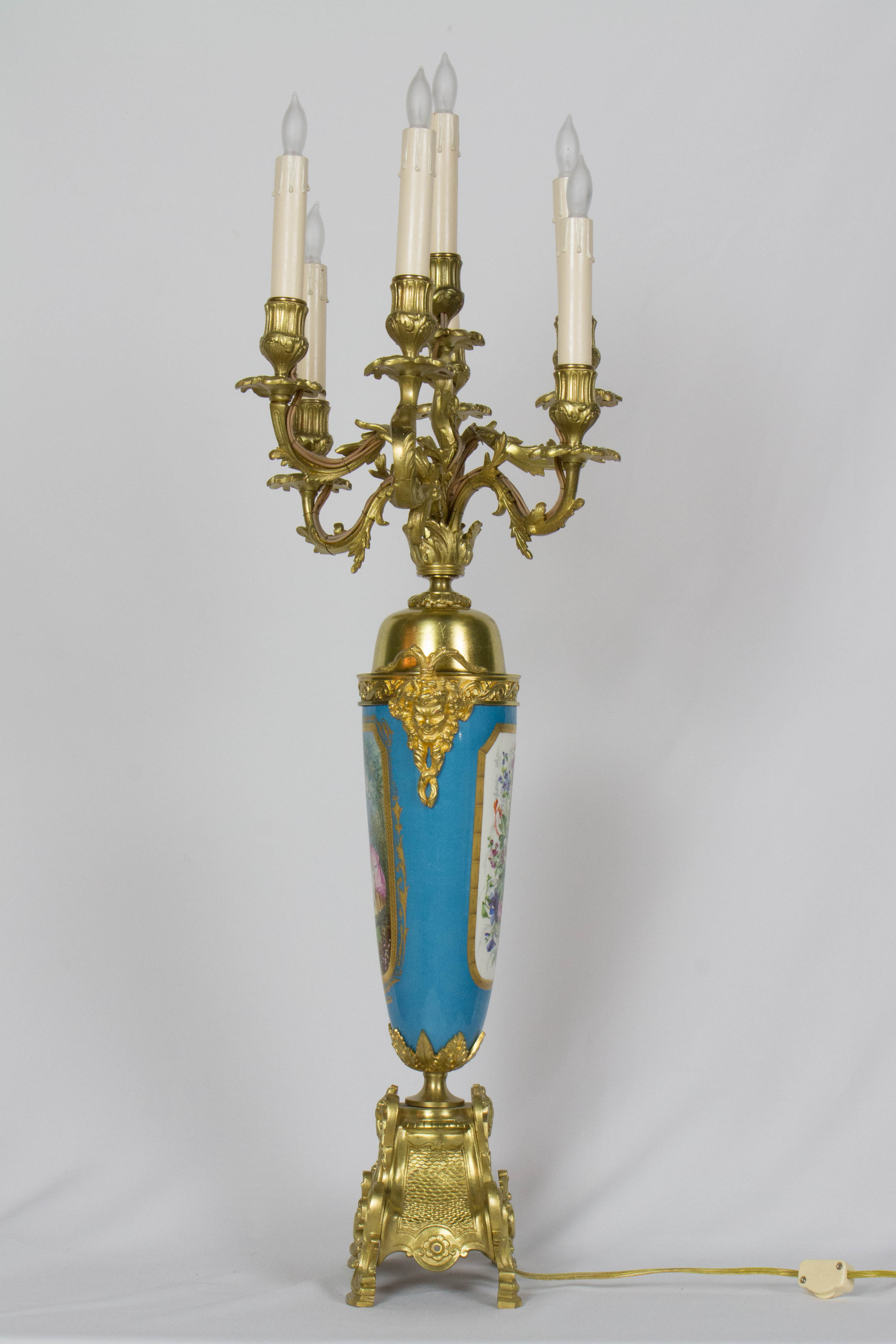 Large Urn Form French Gilt Bronze and Turquoise Porcelain Candelabra