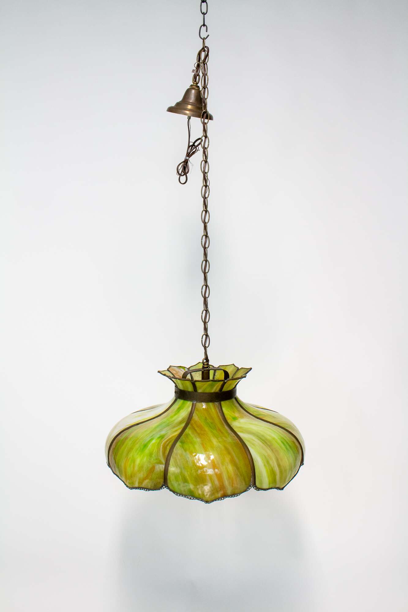 P247 Early 20th Century Green Slag Royal Art Glass Hanging Light