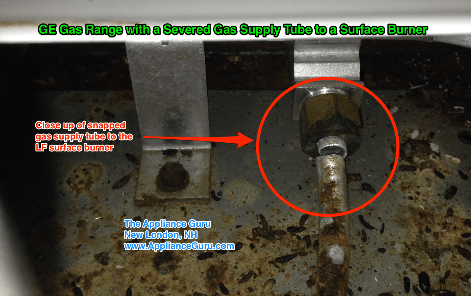GE Gas Range with A Severed Gas Supply Tube To A Surface Burner The