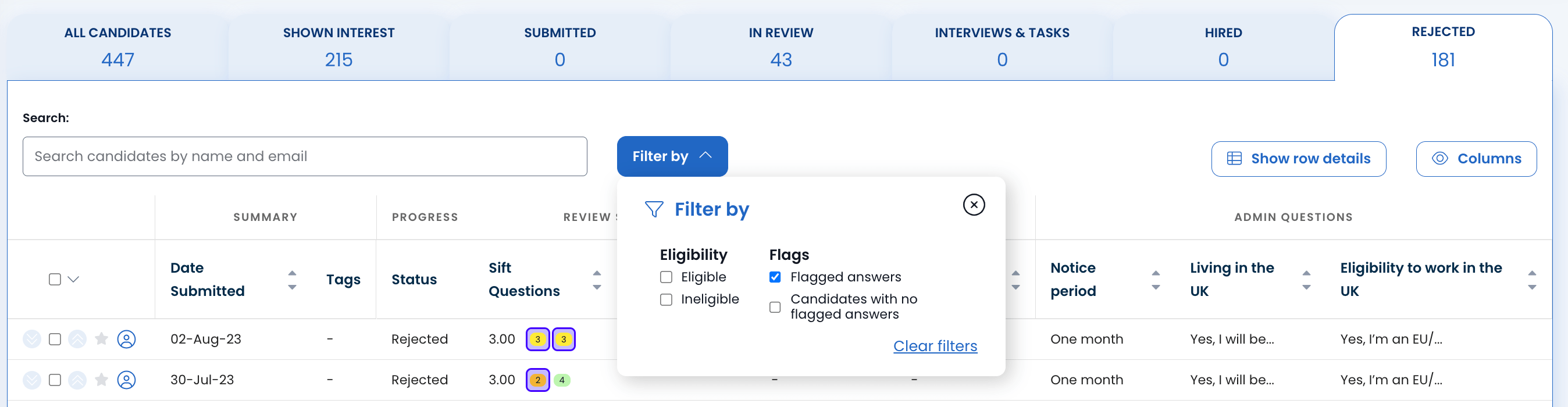 Flagging answers to sift questions Applied