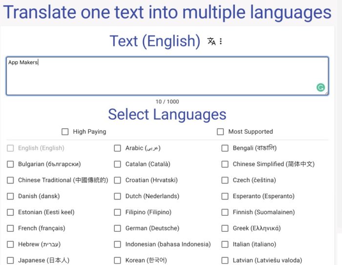 Translate Text to Multiple Languages Tools AppMakers.Dev
