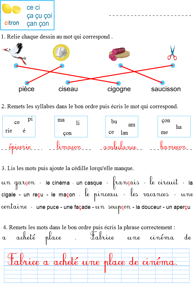 Fiche d'exercices à imprimer, ce, ci, ç Apprendre à lire