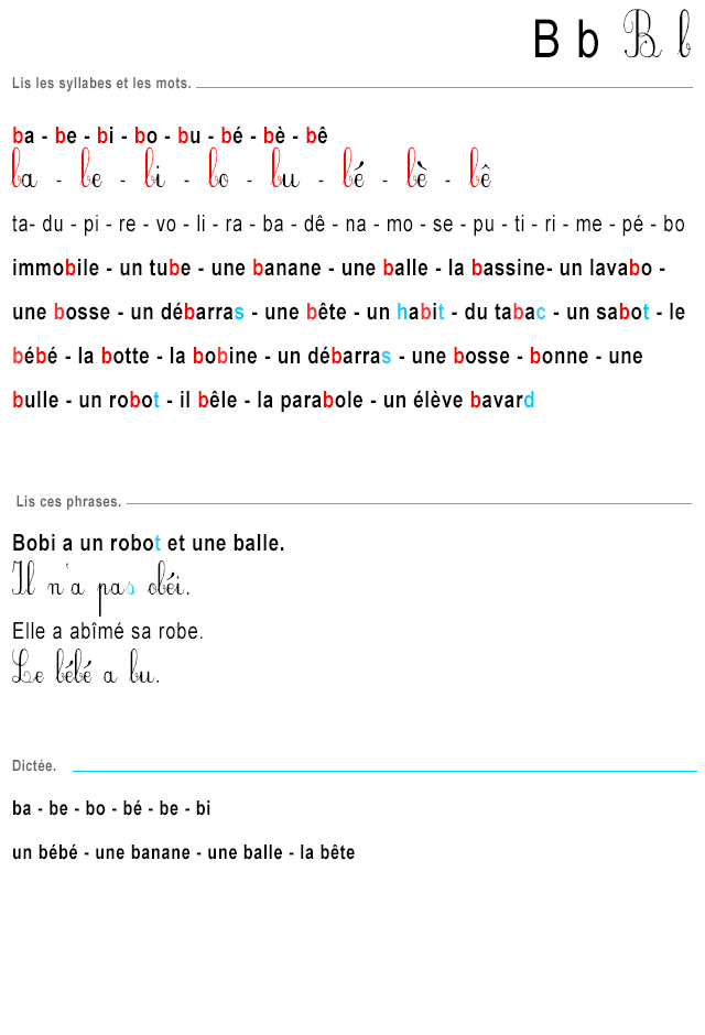Fiche de lecture à imprimer, le son b Apprendre à lire