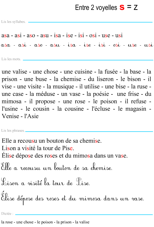 Fiche de lecture, le son z (s entre 2 voyelles)) Apprendre à lire