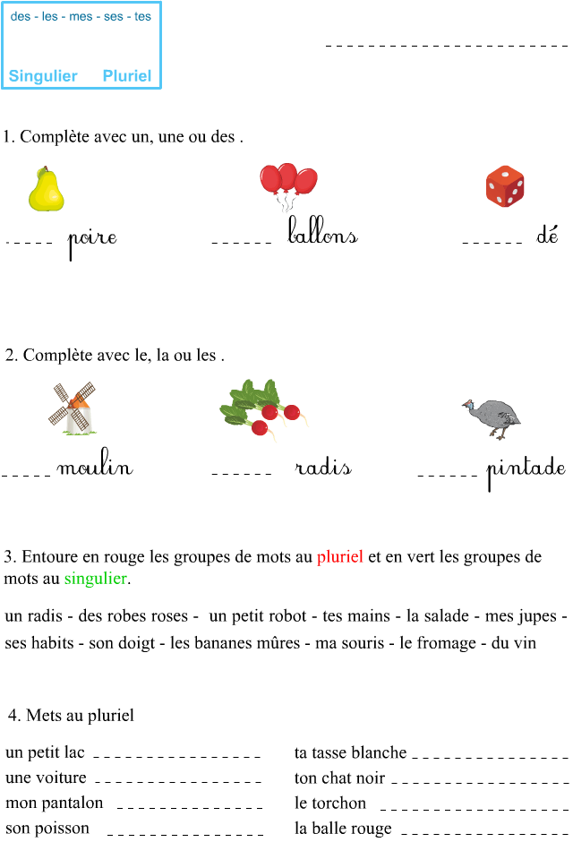 Fiche d'exercices à imprimer, le pluriel Apprendre à lire