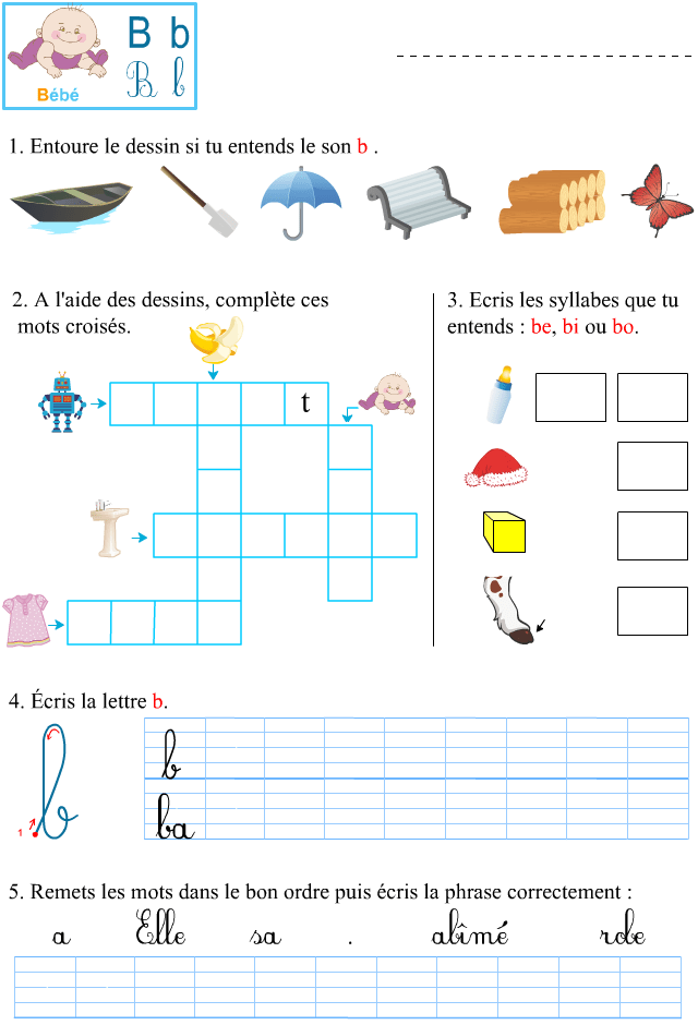 Fiche d'exercices à imprimer, le son b Apprendre à lire