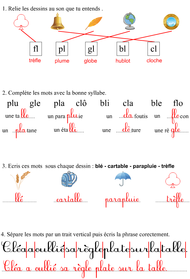 Fiche d'exercices à imprimer, les sons bl, cl, fl, gl et pl Apprendre