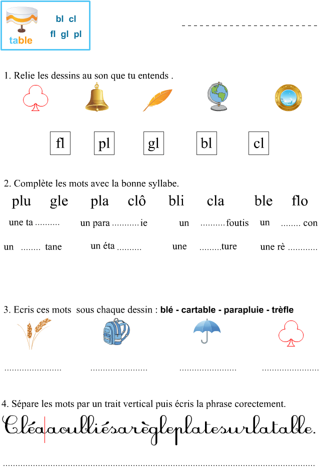 Fiche d'exercices à imprimer, les sons bl, cl, fl, gl et pl Apprendre
