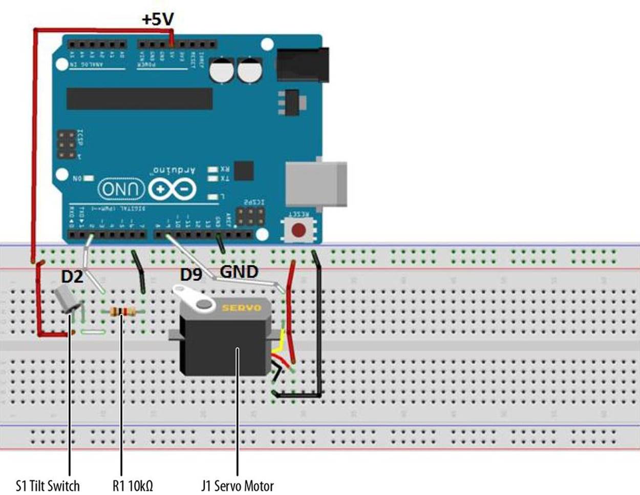 Tilt Sensing Servo Motor Controller Fritzing diagram