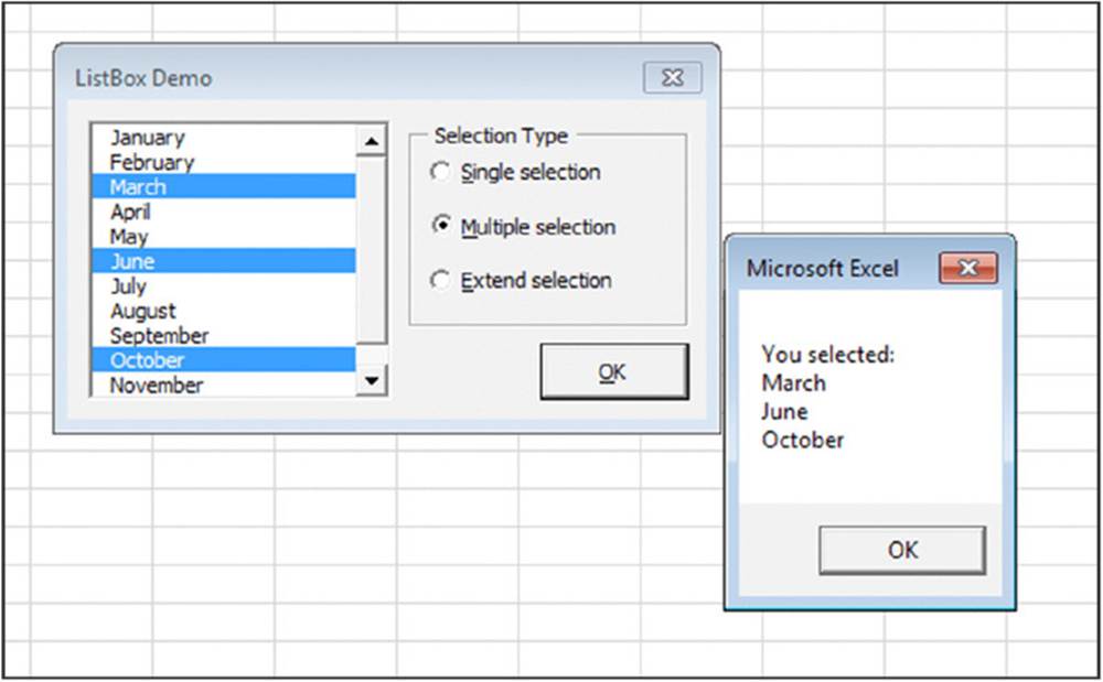 Screenshot shows ListBox Demo box selecting March, June, October with